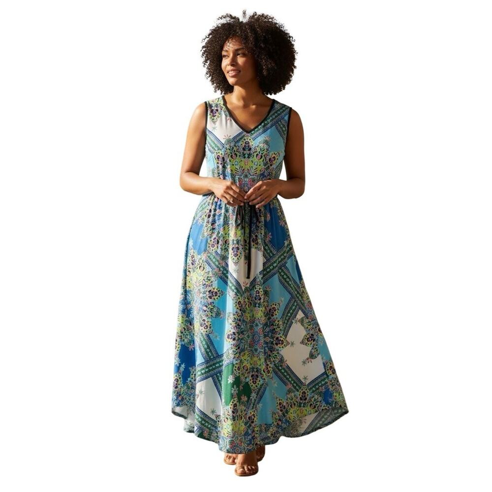 London Style Collection Blue V-Neck Sleeveless Jersey Knit Print Dress sz 24 W